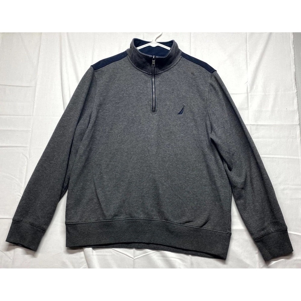 Nautica Sweater Mens Large Blue Gray Cotton Mock Neck Quarter Zip Winter Wear